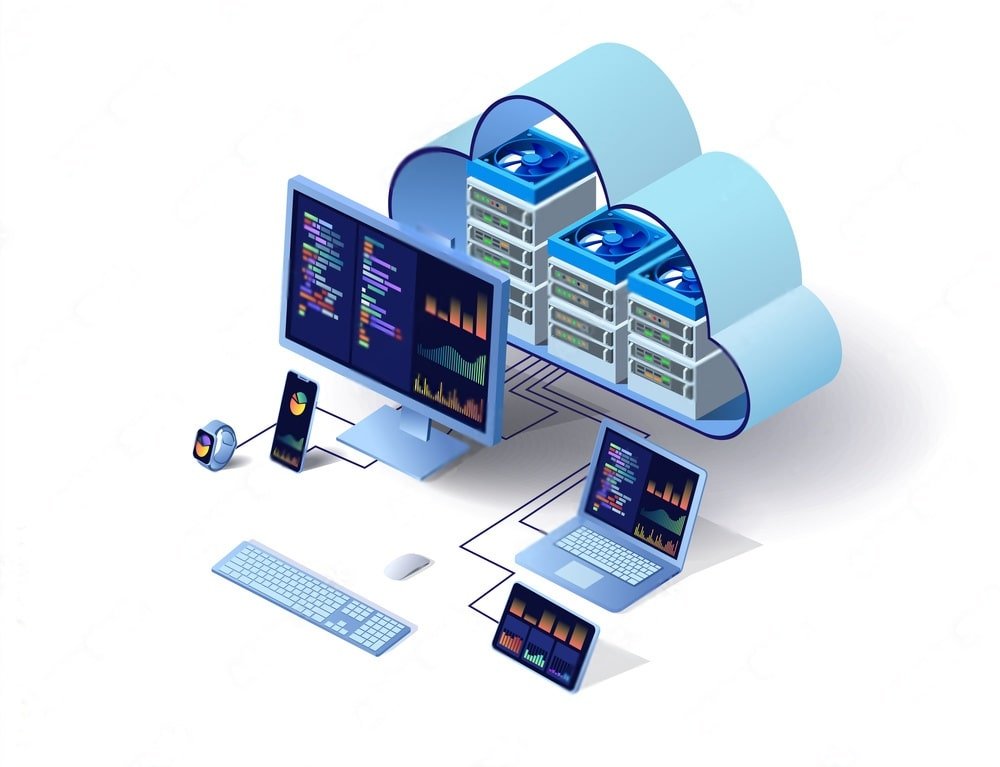 Representación de lo que es un hosting en la nube visto con diferentes dispositivos